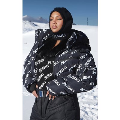 PrettyLittleThingSKI Plus Black Faux Fur Hooded Printed Puffer