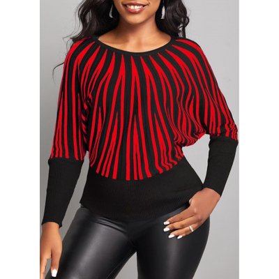 Geometric Print Red Round Neck Long Sleeve Sweater