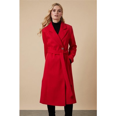 Womens Red Button Belted Wrap Coat