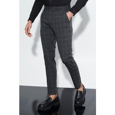 Womens Skinny Grossgrain Waistband Smart Check Trousers - Grey - 28, Grey