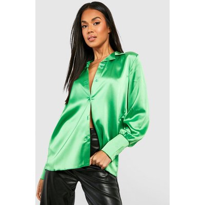 Womens Satin Deep Cuff Button Front Shirt - Green - 8, Green