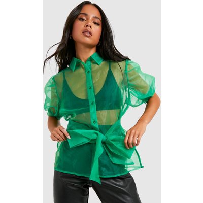 Womens Petite Organza Belted Puff Sleeve Shirt - Green - 10, Green