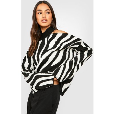 Womens Zebra Print Slash Neck Knitted Jumper - Black - M/L, Black