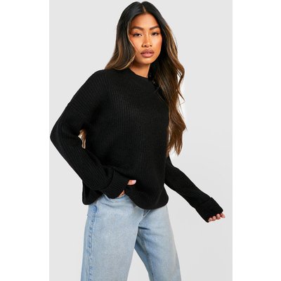 Womens Turn Up Cuff Soft Knit Fisherman Knitted Jumper - Black - S, Black