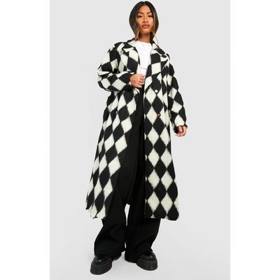 Womens Diamond Checkerboard Wool Look Coat - Black - L, Black