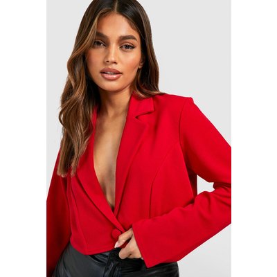 Womens Basic Jersey Button Front Cropped Blazer - Red - 8, Red