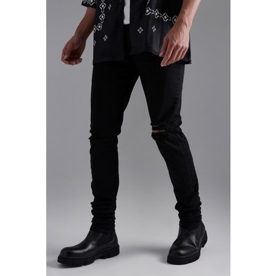 Mens Black Tall Skinny Stretch Stacked Ripped Knee Jeans, Black