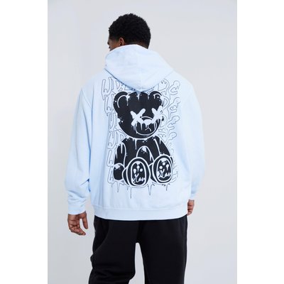 Mens Blue Plus Overdye Teddy Graffiti Print Hoodie, Blue