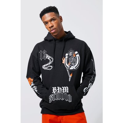 Mens Black Oversized Multi Graphic Hoodie, Black