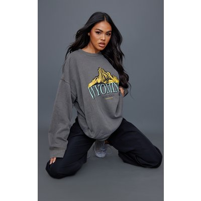 Khaki Wyoming Graphic Printed Washed Sweatshirt