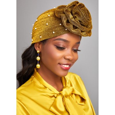 Pearl Design Gold Floral Detail Turban Hat