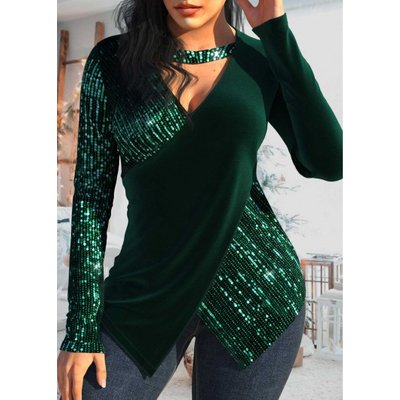 ROTITA Sequin Blackish Green V Neck T Shirt