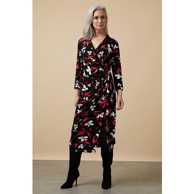 Womens Black Floral Wrap Jersey Shirt Midi Dress