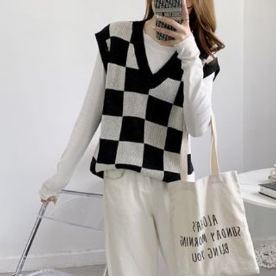 V-Neck Checkerboard Sweater Vest