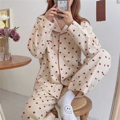 Set: Long-Sleeve Heart Print Pajama Top + Pants