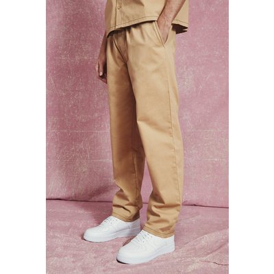 Men's Elasticated Straight Leg Twill Trousers - Brown - M, Brown