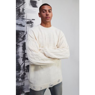 Men's Oversized Bm Cable Sleeve Tonal Knitted Jumper - Cream - Xs, Cream