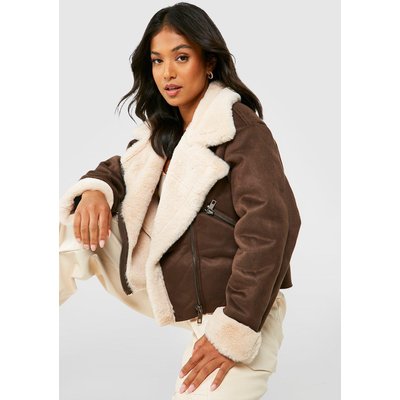 Womens Petite Fur Lined Premium Aviator Jacket - Brown - L, Brown