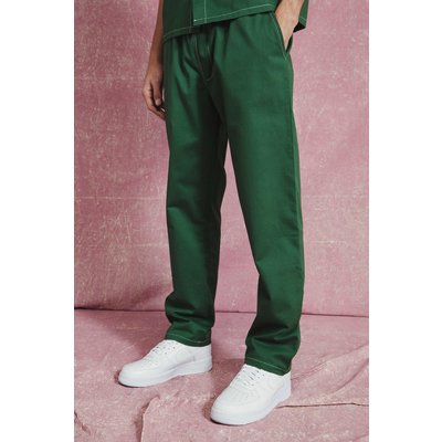 Mens Green Elasticated Straight Leg Twill Trousers, Green