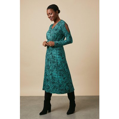 Womens Green Abstract Jersey Cold Shoulder Midi Dress