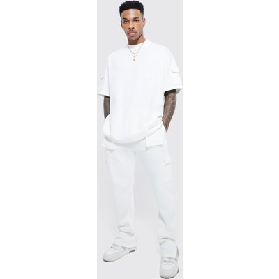 Men's Oversized Cargo Split Hem T-Shirt Tracksuit - Cream - M, Cream