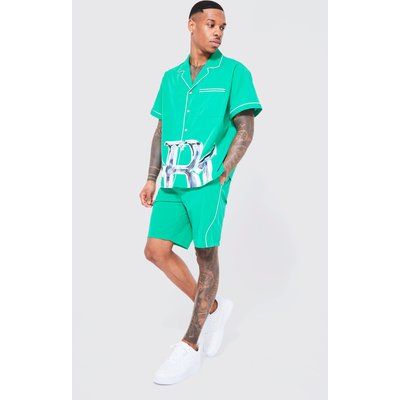 Men's 4 Way Stretch Piping Printed Shirt And Short Set - Green - S, Green