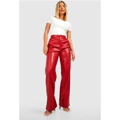 Womens Leather Look High Waisted Wide Leg Trousers - Red - 6, Red