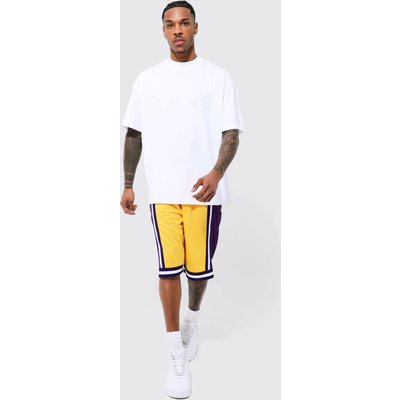 Mens Yellow Oversized Panelled T-shirt And Mesh Short Set, Yellow