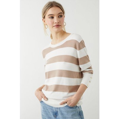 Womens Stripe Button Cuff Knitted Jumper