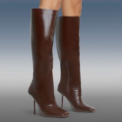 Lavia Square Toe Stiletto Heel Knee High Long Boot In Dark Brown Faux Leather, Women's Size UK 3