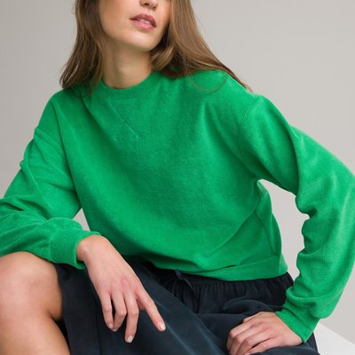 Towelling Cropped Sweatshirt in Cotton Mix with Crew Neck