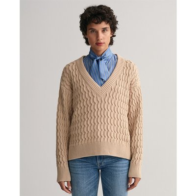 Cotton Cable Knit Jumper with V-Neck