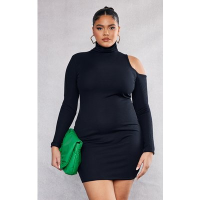 Plus Black Rib High Neck Cut Out Longsleeve Dress