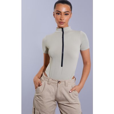 Petite Moss Sand Matte Sculpt Short Sleeve Zip Up Bodysuit