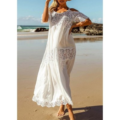 Round Neck White Lace Stitching Cover Up