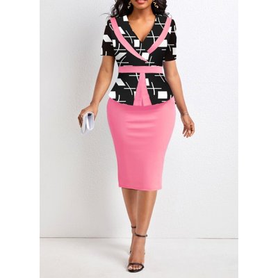 ROTITA Split Geometric Print Pink Shawl Collar Bodycon Dress