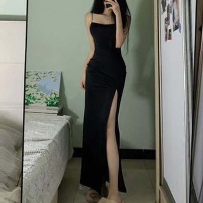 Spaghetti Strap Plain Side-Slit Maxi Sheath Dress