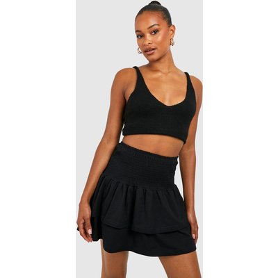 Womens Tall Basic Cotton Blend Tiered Mini Shirred Skater Skirt - Black - 10, Black