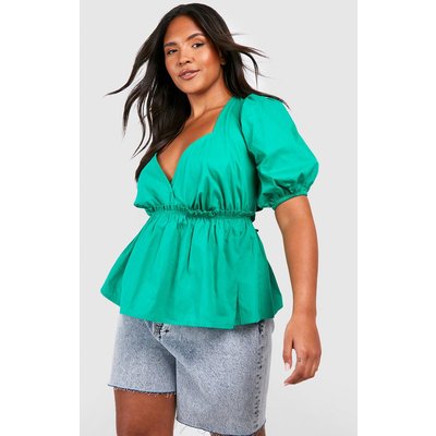 Womens Plus Cotton Poplin Ruffle Waist Detail Smock Top - Green - 22, Green