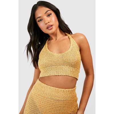 Womens Petite Sequin Crochet Halter Top - Yellow - M, Yellow