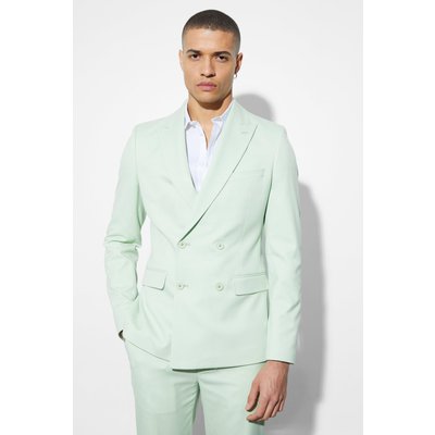 Mens Green Skinny Double Breasted Linen Suit Jacket, Green