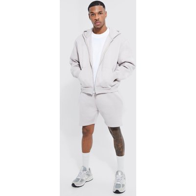 Mens Grey Boxy Zip Through Embossed Hooded Short Tracksuit, Grey