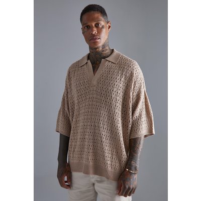 Mens Beige Knitted Drop Shoulder Oversized Open Polo, Beige