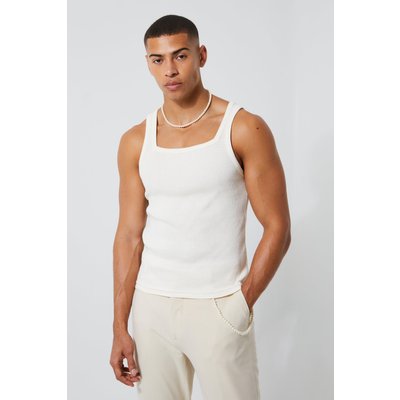 Mens Cream Muscle Fit Square Neck Cropped Ribbed Vest, Cream