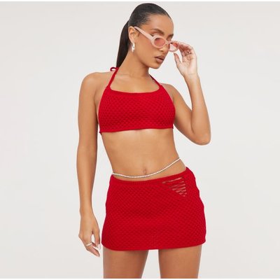 Halterneck Crop Top And Mini Bodycon Skirt Co-Ord Set In Red Crochet Knit, Women's Size UK Small S