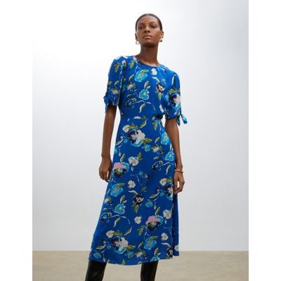 Finery London Womens Floral Round Neck Midi Waisted Dress - 10 - Blue Mix, Blue Mix