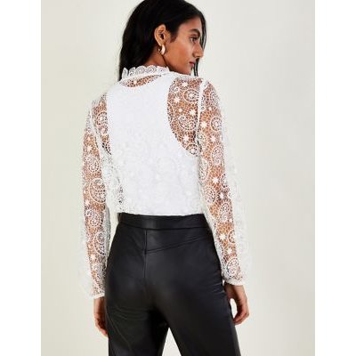 Monsoon Womens Lace Paisley High Neck Button Through Blouse - 12 - White Mix, White Mix