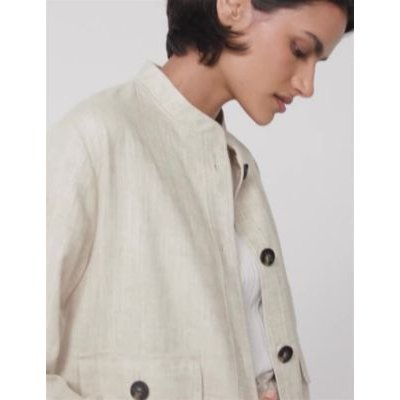 M&S Womens Linen Blend Bomber Jacket - 16 - Neutral, Neutral