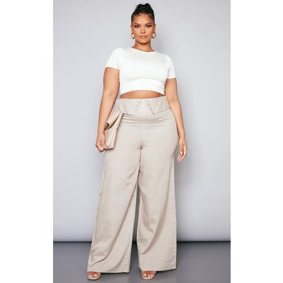 Plus Stone Linen Look Fold Over Wide Leg Pants