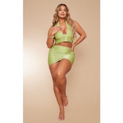 Shape Green Crinkle Low Rise Split Mini Skirt